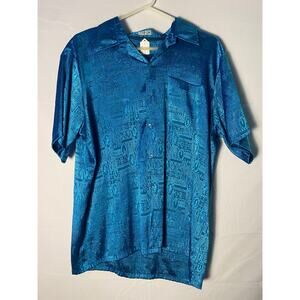 Thai Silk Blue Button Up Shirt Short Sleeve Men's Size XL